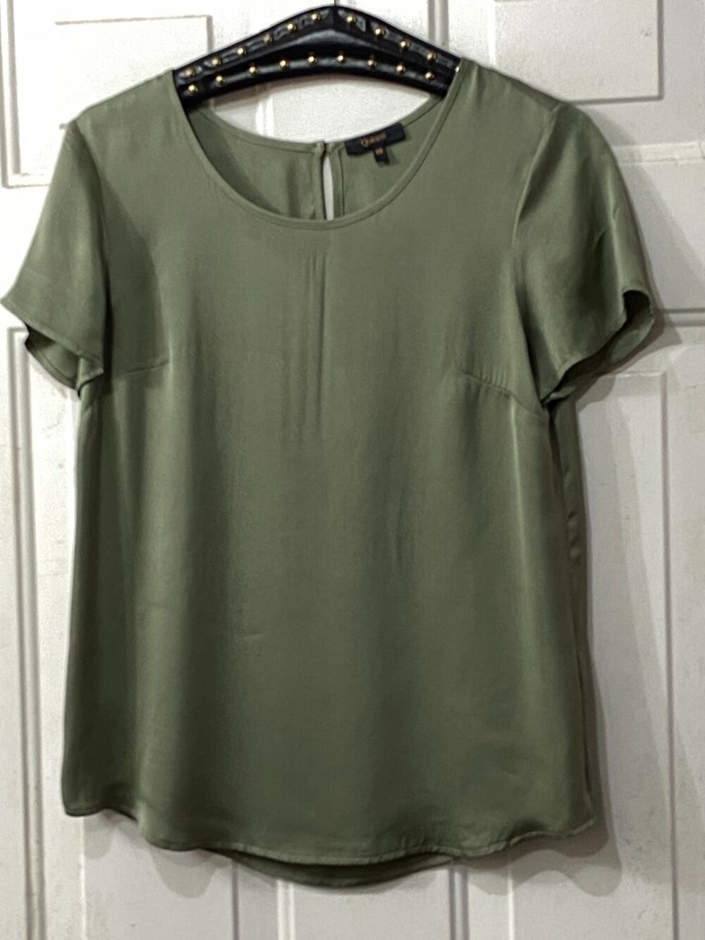 Quince Silk Sz XS Blouse Short Sleeve Olive Keyhole Back Washable